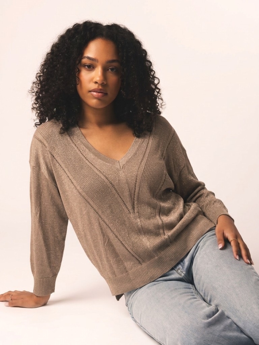 White House Black Market Taupe V-Neck Knit Sweater
